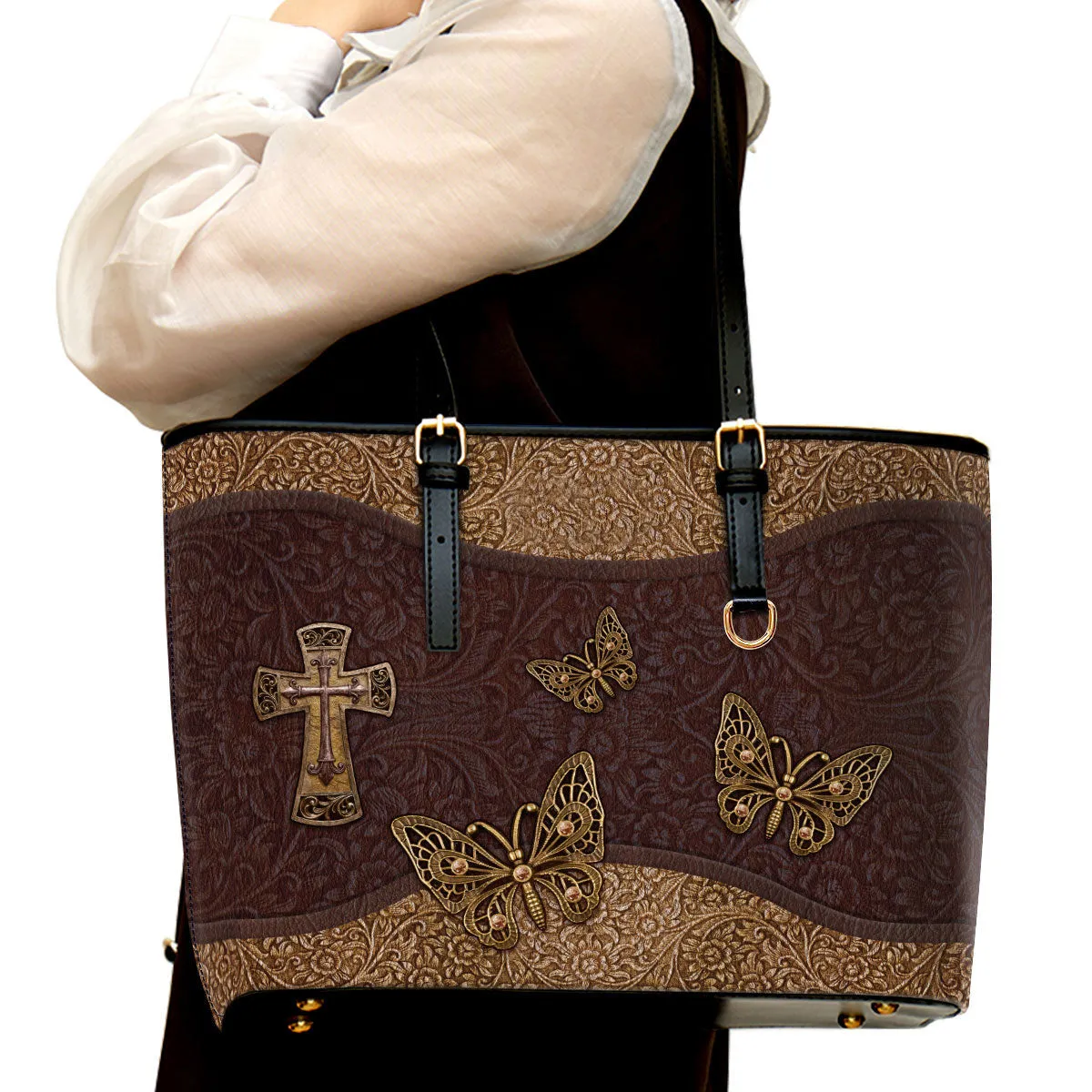 Butterfly Cross Large Pu Leather Tote Bag For Women - Mom Gifts For Mothers Day