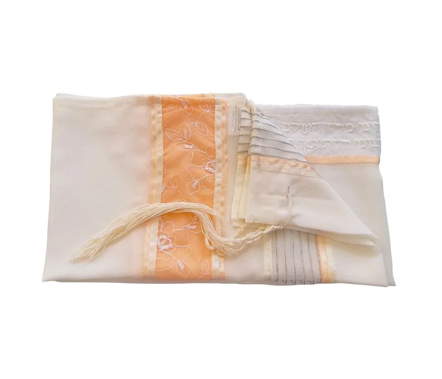 Floral Apricot \ Peach Decorated Tallit for Women, Bat Mitzvah Tallit Set, Tallit for Girl Tallit, Women's Tallit