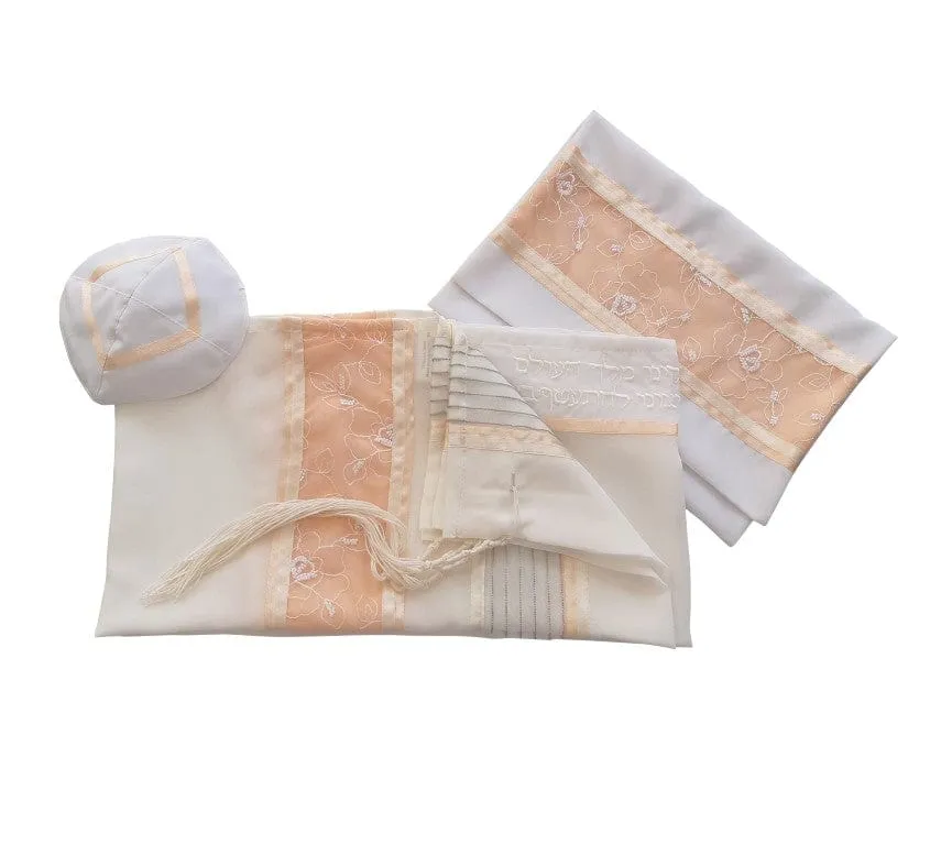 Floral Apricot \ Peach Decorated Tallit for Women, Bat Mitzvah Tallit Set, Tallit for Girl Tallit, Women's Tallit