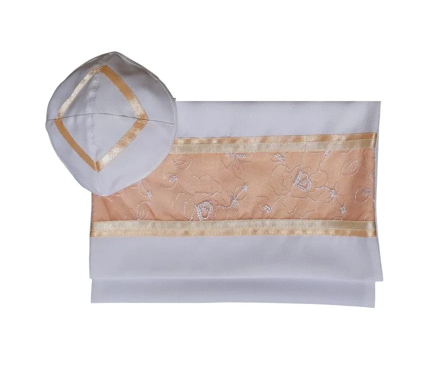 Floral Apricot \ Peach Decorated Tallit for Women, Bat Mitzvah Tallit Set, Tallit for Girl Tallit, Women's Tallit