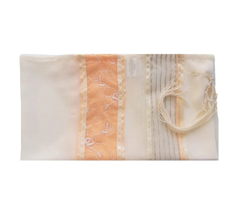 Floral Apricot \ Peach Decorated Tallit for Women, Bat Mitzvah Tallit Set, Tallit for Girl Tallit, Women's Tallit