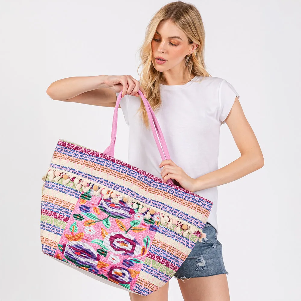 iLLASPARKZ Boho Print Pom Pom Fringe Tote Bag