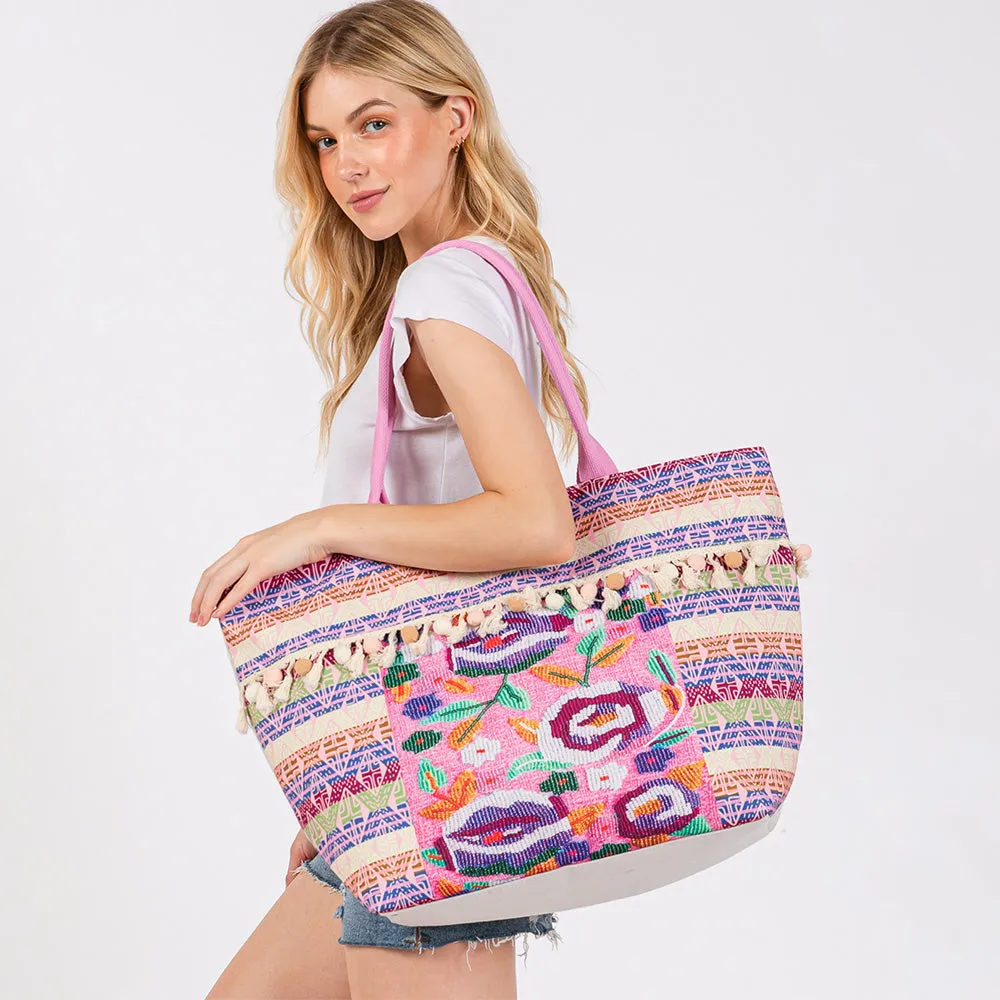 iLLASPARKZ Boho Print Pom Pom Fringe Tote Bag