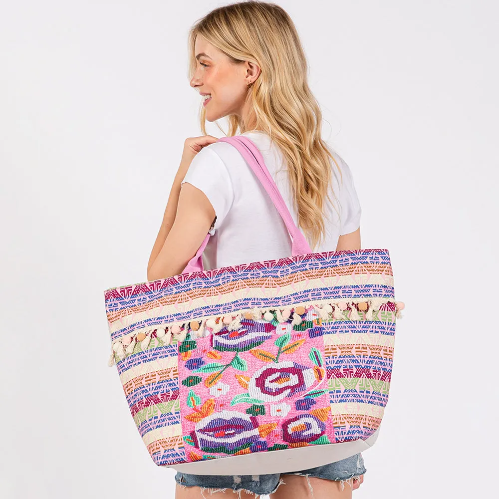 iLLASPARKZ Boho Print Pom Pom Fringe Tote Bag