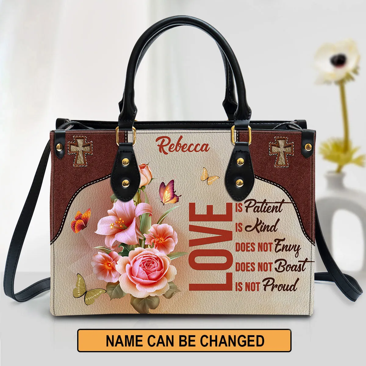 Love Is Patient Beautiful Personalized Leather Bag For Women - Religious Gifts For Women