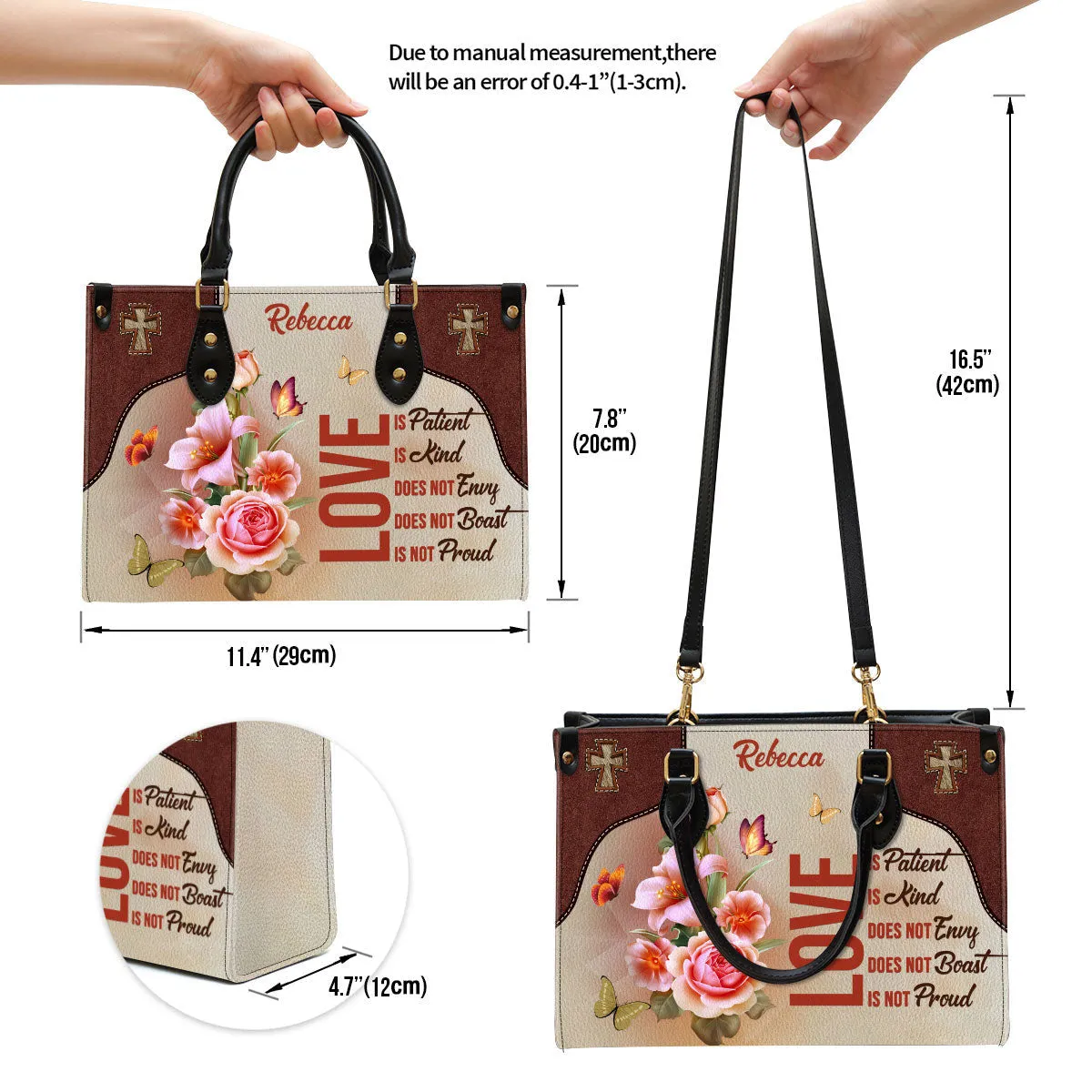 Love Is Patient Beautiful Personalized Leather Bag For Women - Religious Gifts For Women