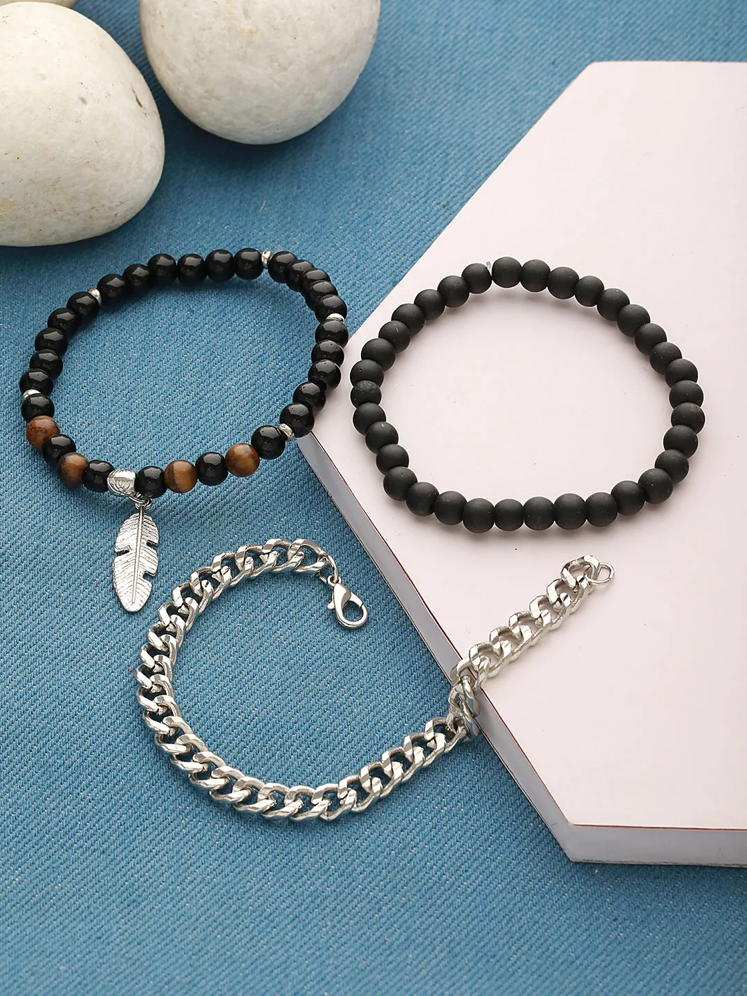 Men 3 Silver-Toned & Black Silver-Plated Bracelet