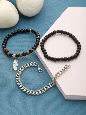 Men 3 Silver-Toned & Black Silver-Plated Bracelet