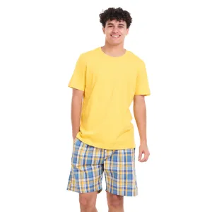 Men summer pajama set Mustard T-shirt   Light blue x Mustard Checkered shorts