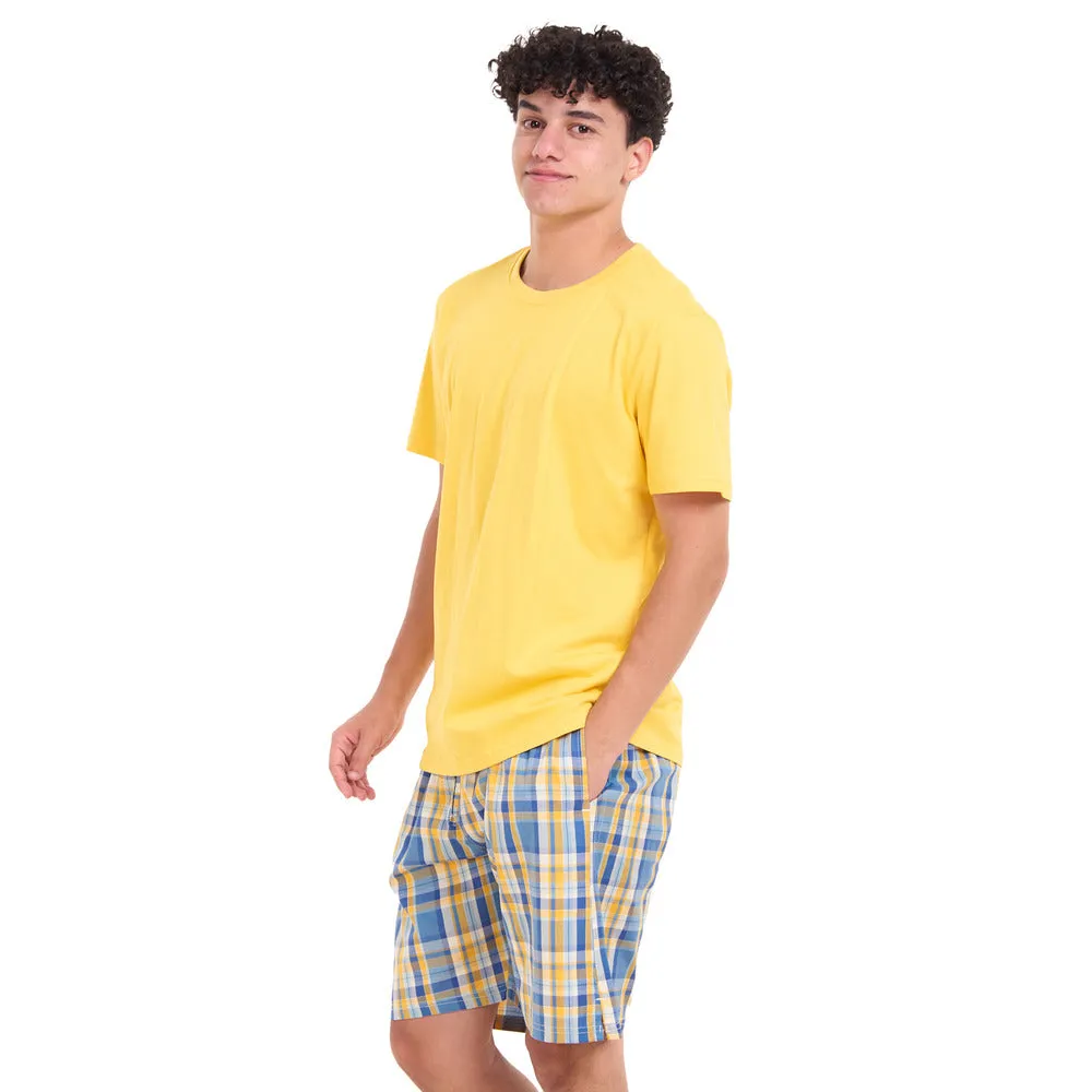 Men summer pajama set Mustard T-shirt   Light blue x Mustard Checkered shorts