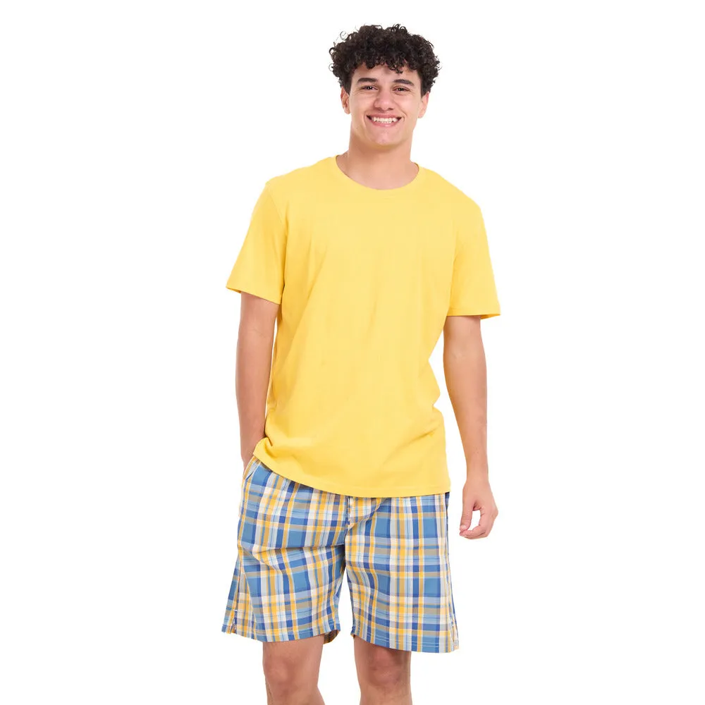 Men summer pajama set Mustard T-shirt   Light blue x Mustard Checkered shorts