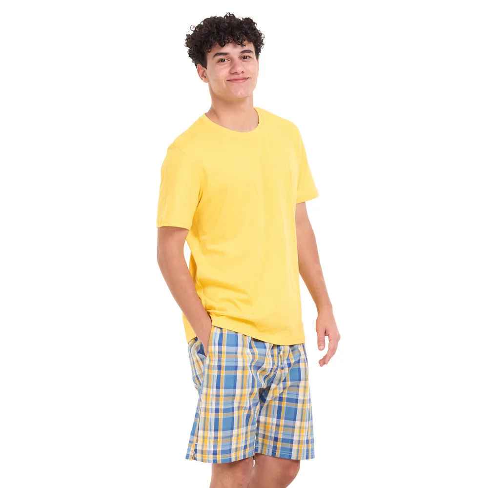 Men summer pajama set Mustard T-shirt   Light blue x Mustard Checkered shorts