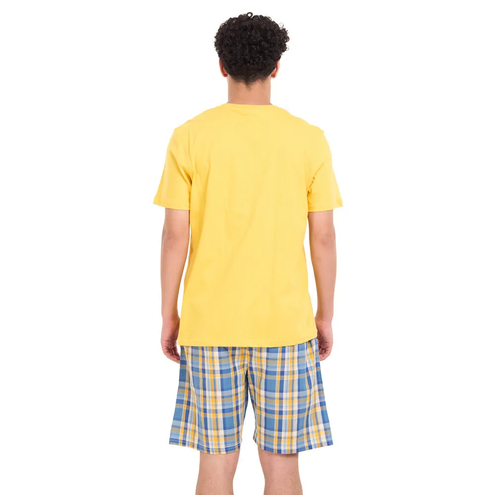 Men summer pajama set Mustard T-shirt   Light blue x Mustard Checkered shorts