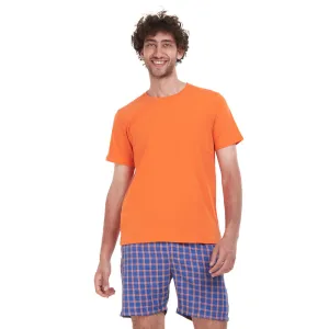 Men summer pajama set Orange T-shirt   Blue x Orange Checkered short