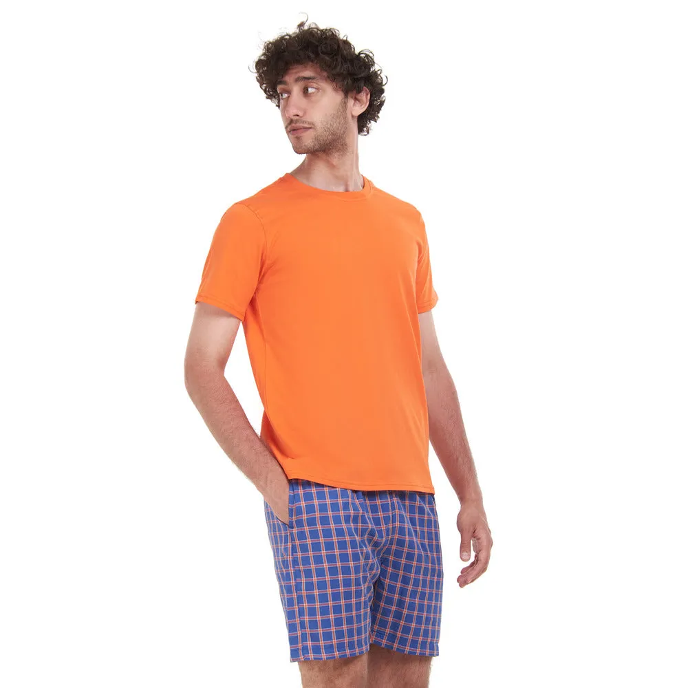 Men summer pajama set Orange T-shirt   Blue x Orange Checkered short