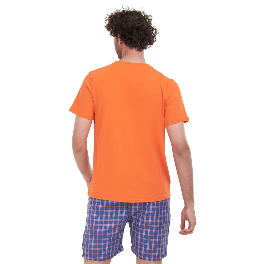 Men summer pajama set Orange T-shirt   Blue x Orange Checkered short