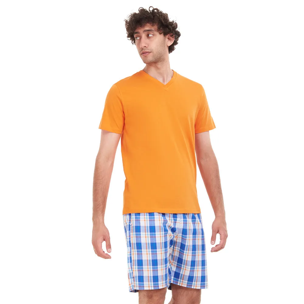 Men summer pajama set Orange T-shirt   Blue x White Checkered short