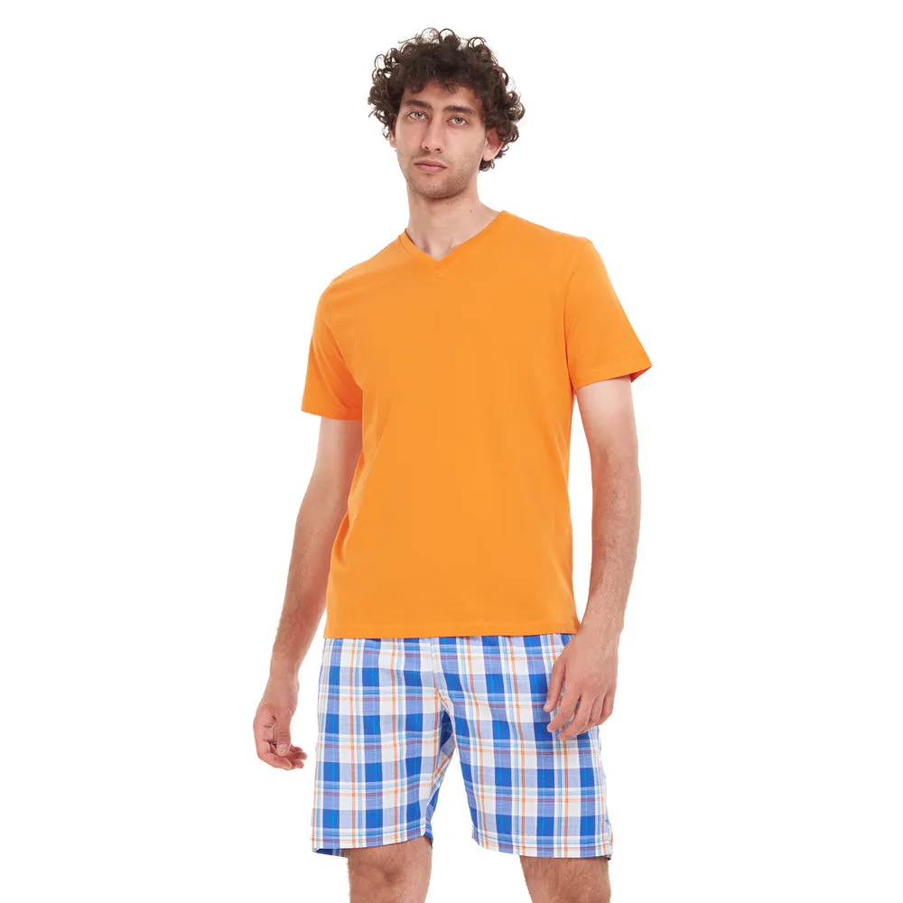 Men summer pajama set Orange T-shirt   Blue x White Checkered short