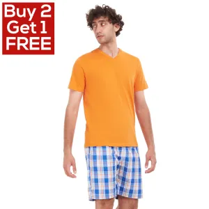 Men summer pajama set Orange T-shirt   Blue x White Checkered short