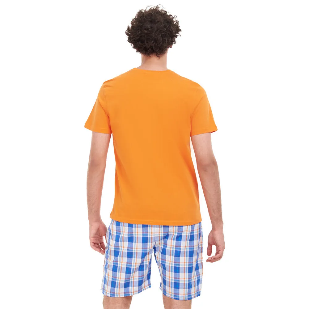 Men summer pajama set Orange T-shirt   Blue x White Checkered short