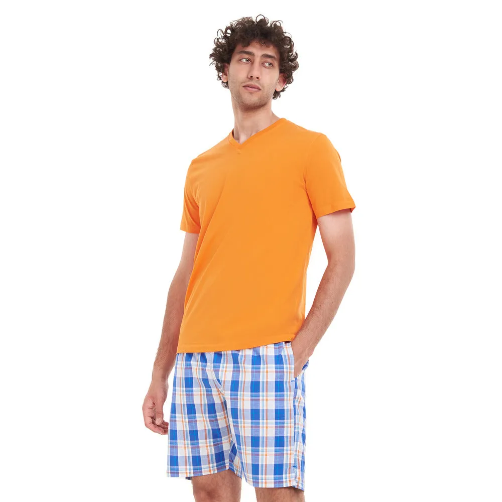 Men summer pajama set Orange T-shirt   Blue x White Checkered short