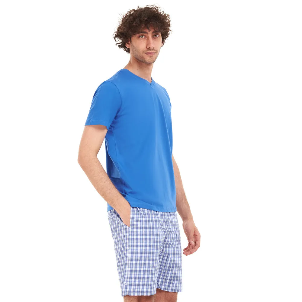 Men summer pajama set Royal blue T-shirt   Blue x white checkered short