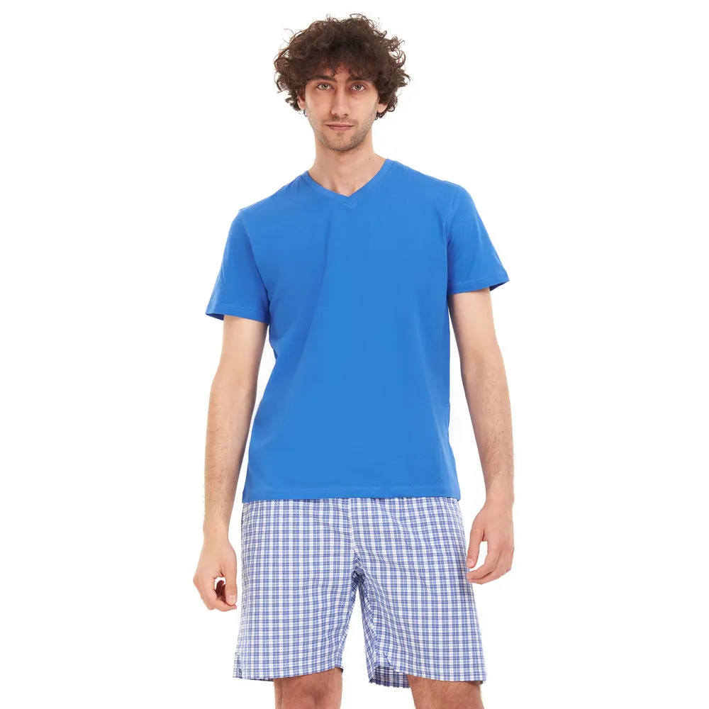 Men summer pajama set Royal blue T-shirt   Blue x white checkered short