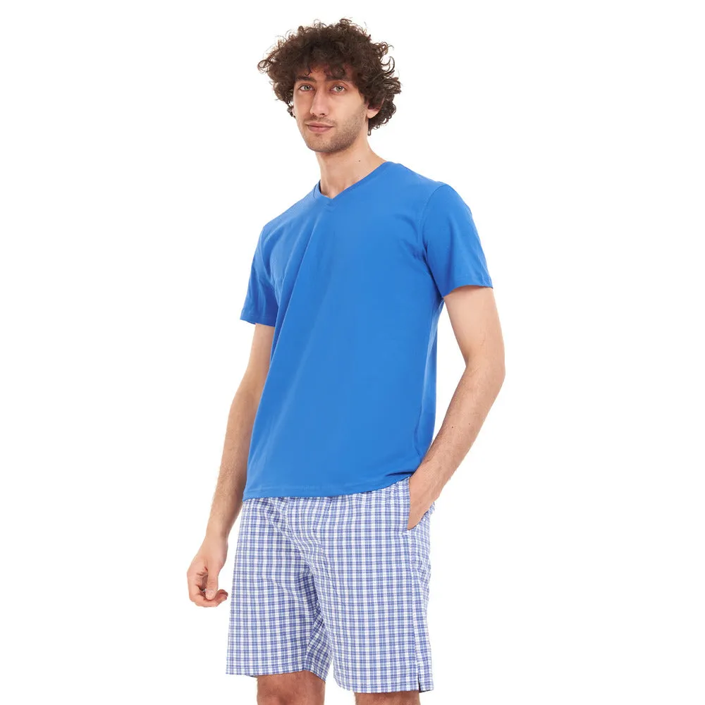 Men summer pajama set Royal blue T-shirt   Blue x white checkered short