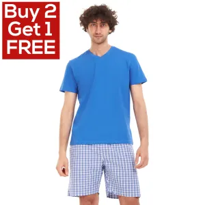 Men summer pajama set Royal blue T-shirt   Blue x white checkered short