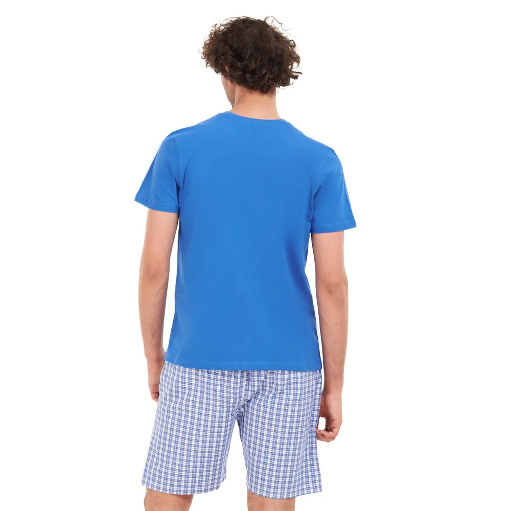 Men summer pajama set Royal blue T-shirt   Blue x white checkered short