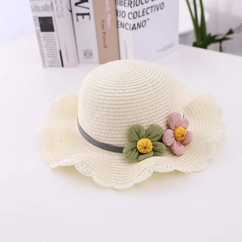 New summer children's straw hat flowers beach cap outdoor breathable sun built cap knitting sun hat bag set